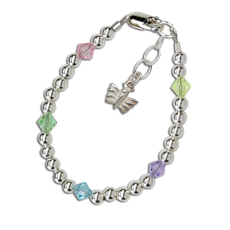 Women's travel bangles-Sterling Silver Multi-Color Crystal Butterfly Bracelet for Kids