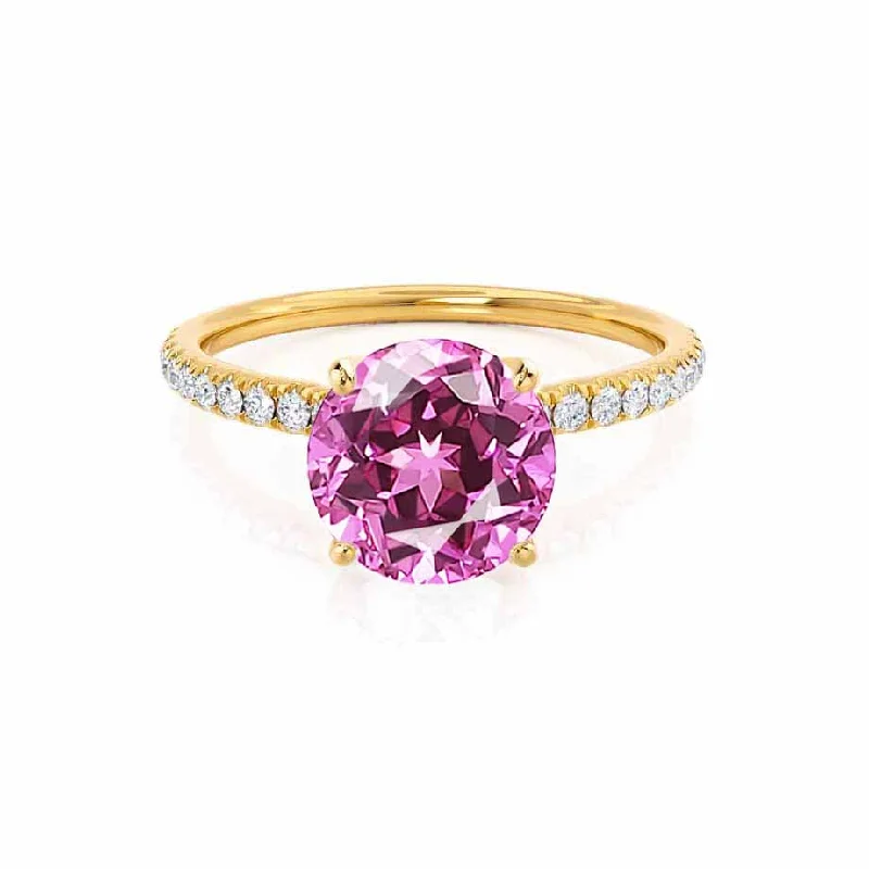 Women's pet memorial rings-MACY - Chatham® Round Pink Sapphire 18k Yellow Gold Petite Pavé Shoulder Set Ring