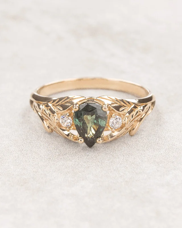 Women's luxury gift rings-Green sapphire ring with diamonds, leaves engagement ring / Wisteria