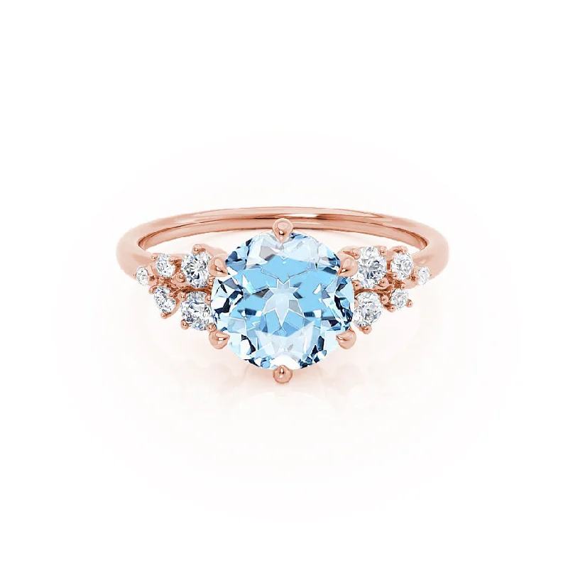 Handmade women's rings-ALYA - Chatham® Round Aqua Spinel Starburst Cluster Shoulder Set Engagement Ring 18k Rose Gold