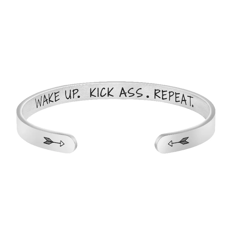 Women's leather bangles-Wake Up Kick Ass Repeat Mantra Hidden Message Cuff Bracelet