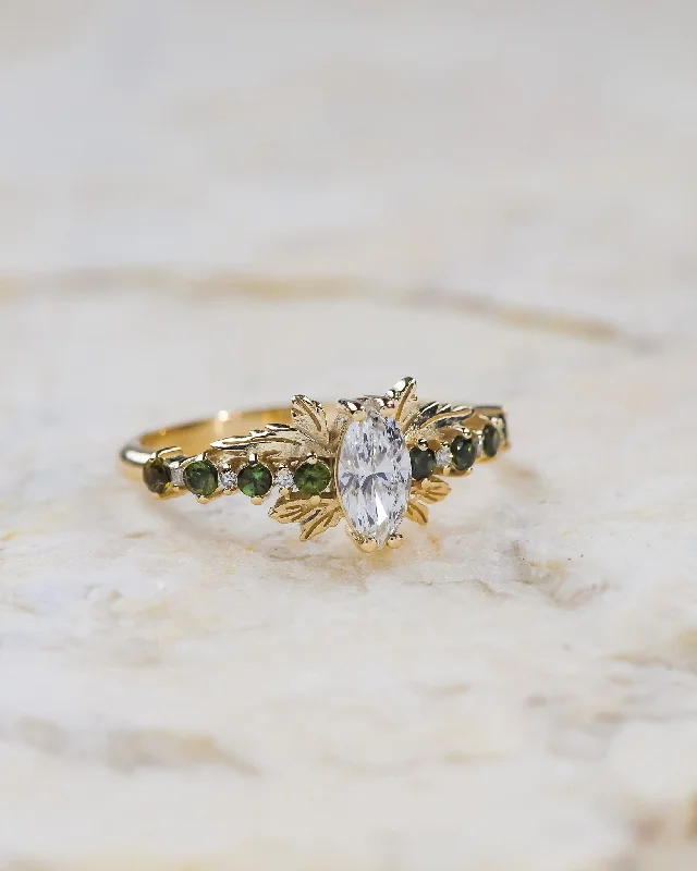 Women's K gold rings-READY TO SHIP: Verbena ring in 14K yellow gold, lab-grown diamond marquise cut 8x4 mm, accent lab grown diamonds & green tourmalines, RING SIZE: 5.5 - 8.5 US