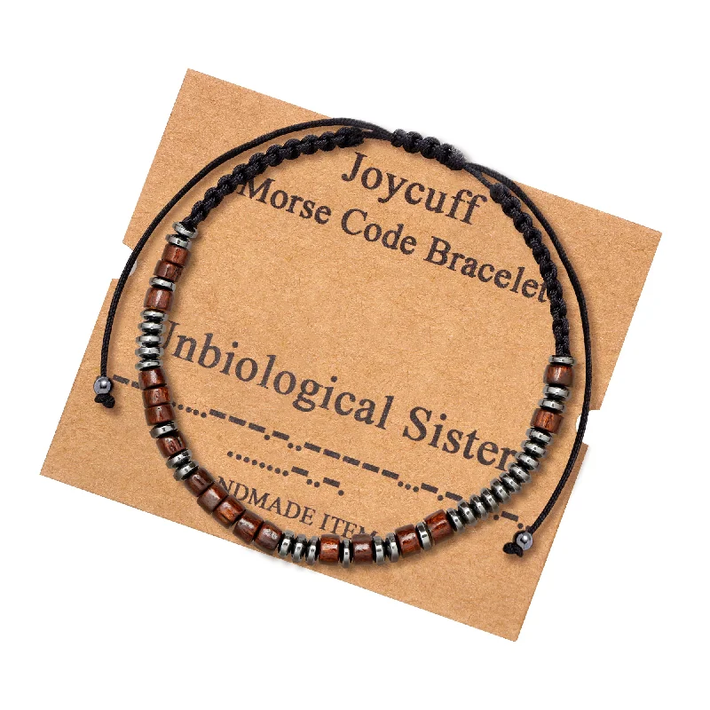 Women's leather bracelets-Unbiological Sister Wood Morse Code Bracelet  Gift Graduation Jewelry for Her