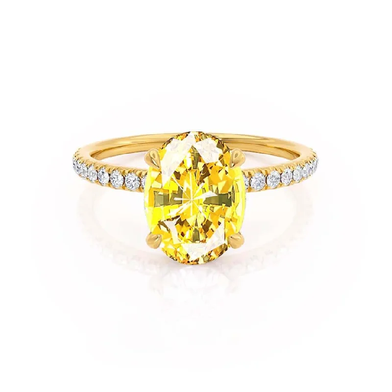 Women's cross rings-LIVELY - Chatham® Oval Yellow Sapphire 18k Yellow Gold Petite Hidden Halo Pavé Shoulder Set Ring