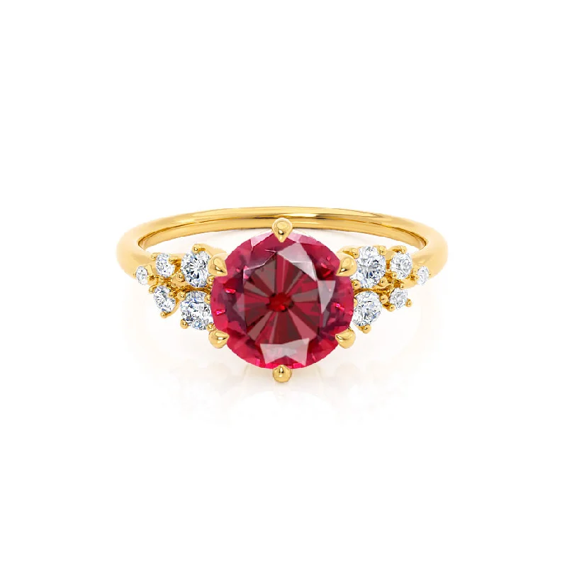 Women's gold-plated rings-ALYA - Chatham® Round Ruby Starburst Cluster Shoulder Set Engagement Ring 18k Yellow Gold