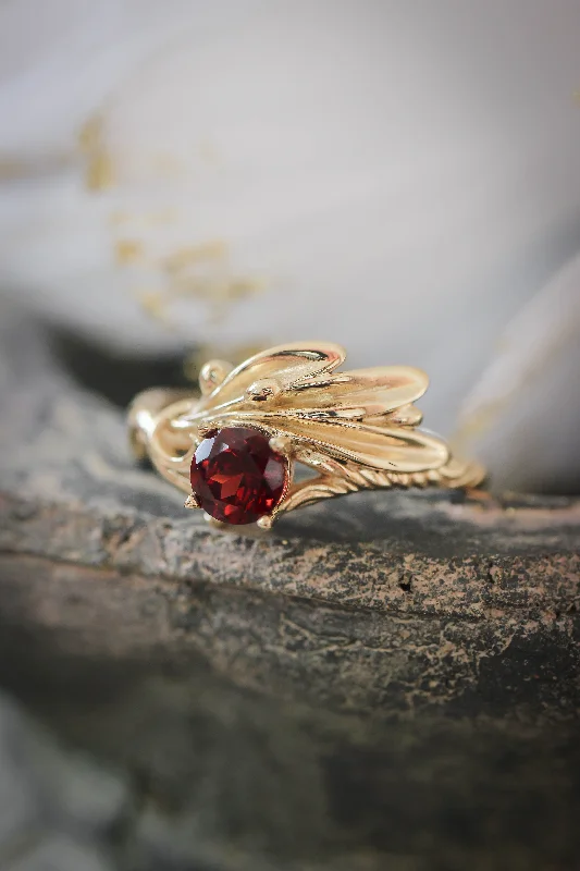 Women's art deco rings-Olive branch ring with ribbon and red garnet / Olivia