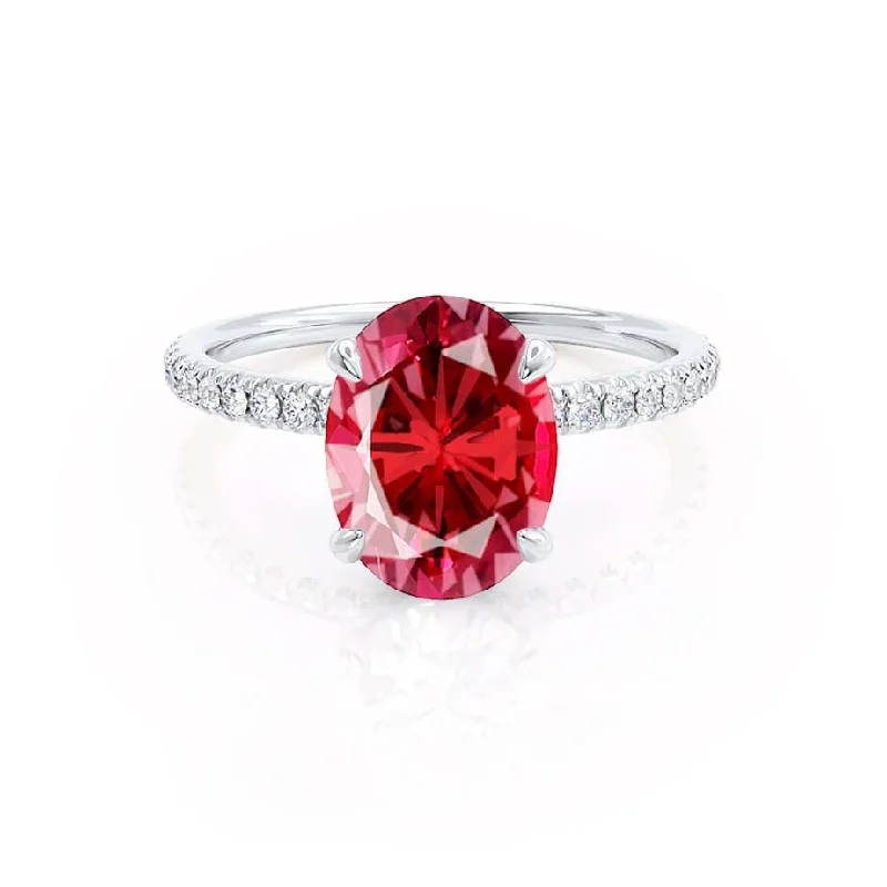 Women's symbolic rings-LIVELY - Chatham® Oval Ruby 950 Platinum Petite Hidden Halo Pavé Shoulder Set Ring