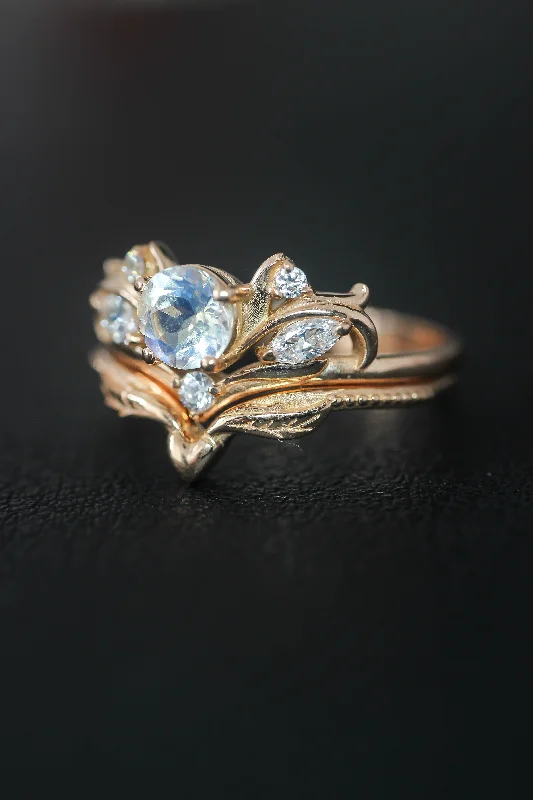 Women's custom engraving rings-Bridal ring set with rainbow moonstone / Swanlake