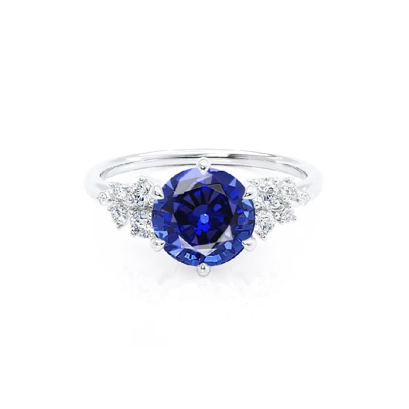 Women's ruby rings-ALYA - Chatham® Round Blue Sapphire Starburst Cluster Shoulder Set Engagement Ring 18k White Gold