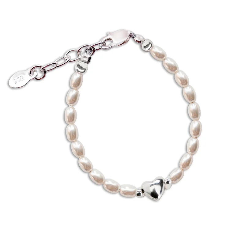 Women's luxury gift bangles-Sterling Silver Simulated Rice Pearl Baby Bracelet with Puff Heart for Kids