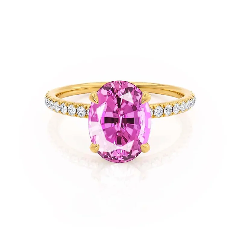 Women's evil eye rings-LIVELY - Chatham® Oval Pink Sapphire 18k Yellow Gold Petite Hidden Halo Pavé Shoulder Set Ring