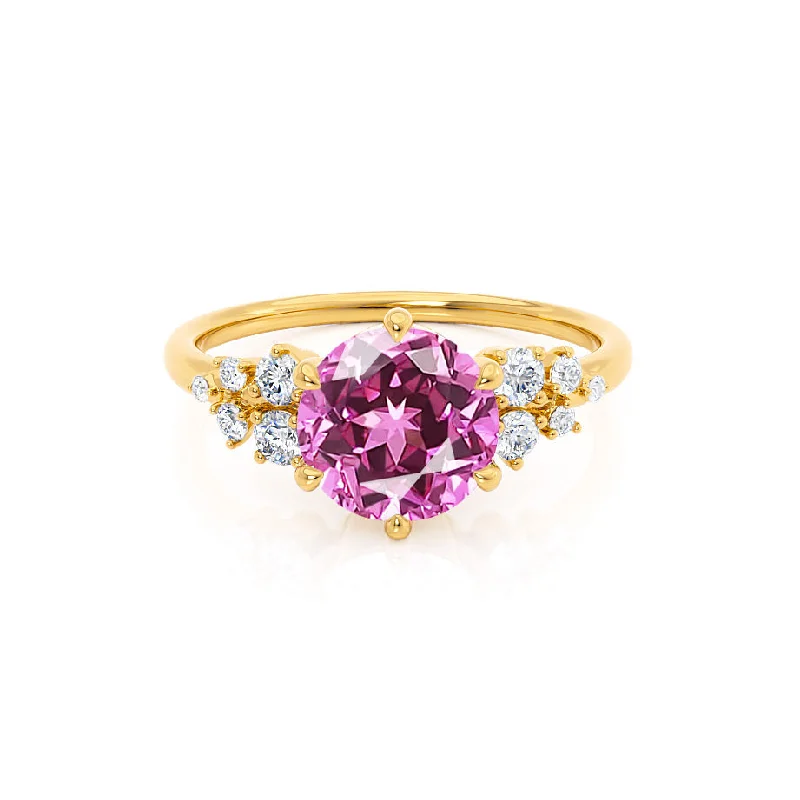 Vintage women's rings-ALYA - Chatham® Round Pink Sapphire Starburst Cluster Shoulder Set Engagement Ring 18k Yellow Gold