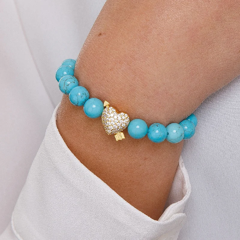 Women's mother-daughter bangles-Women's Turquoise Diamond Heart Beaded Bracelet