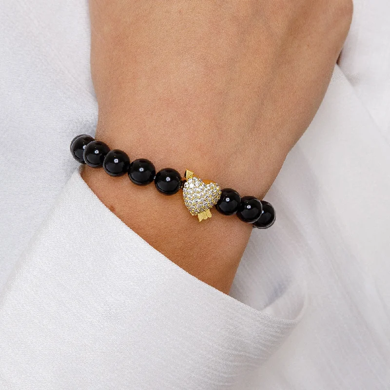 Women's photo bangles-Women's Diamond Heart Glossy Black Beaded Bracelet