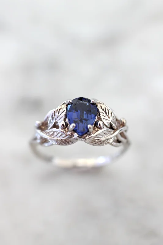 Women's Buddha rings-Lab sapphire engagement ring, leaves ring / Viola