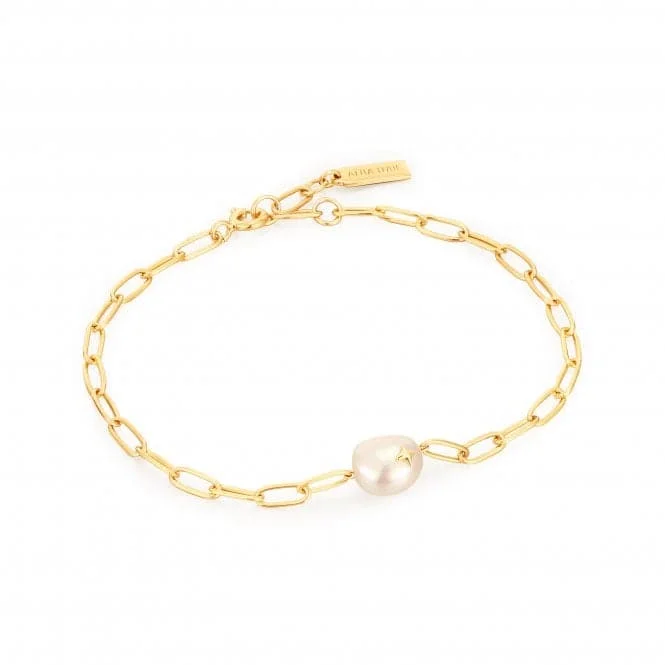 Women's casual bangles-Gold Pearl Sparkle Chunky Chain Bracelet B043-03G