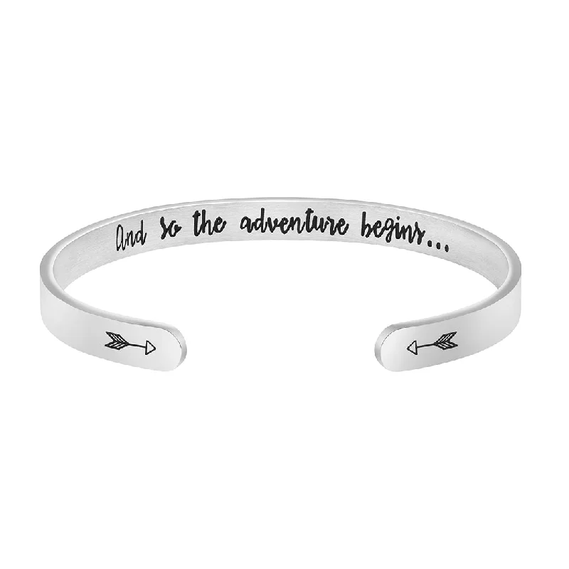 Designer women's bangles-And So The Adventure Begins Hidden Message Mantra Cuff Bracelet