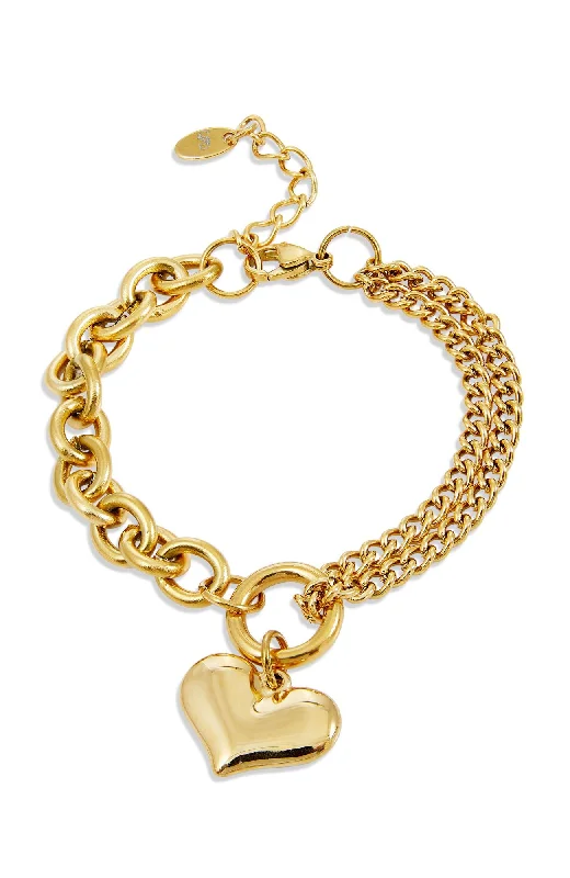 Women's spiritual bangles-GOLD PLATED HALH AND HALF HEART CHARM BRACELET