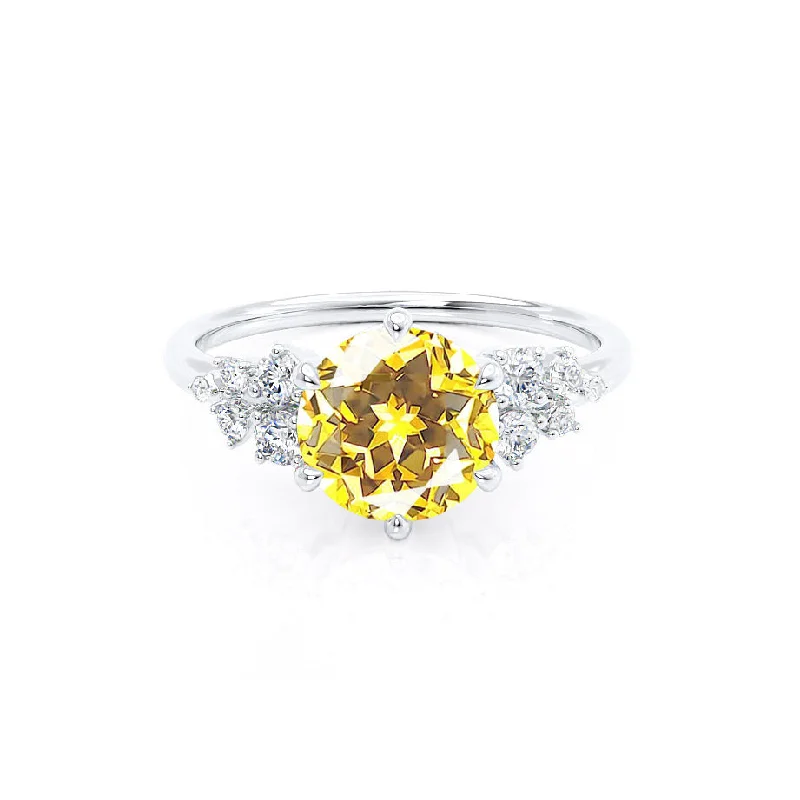 Women's crystal rings-ALYA - Chatham® Round Yellow Sapphire Starburst Cluster Shoulder Set Engagement Ring 18k White Gold