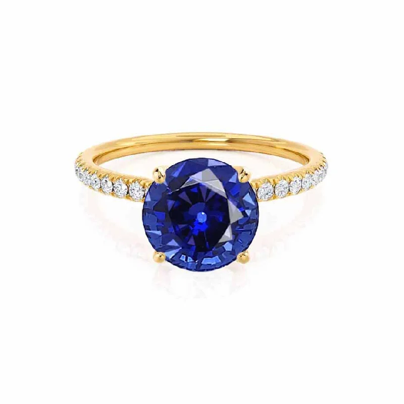 Women's personalized rings-MACY - Chatham® Round Blue Sapphire 18k Yellow Gold Petite Pavé Shoulder Set Ring