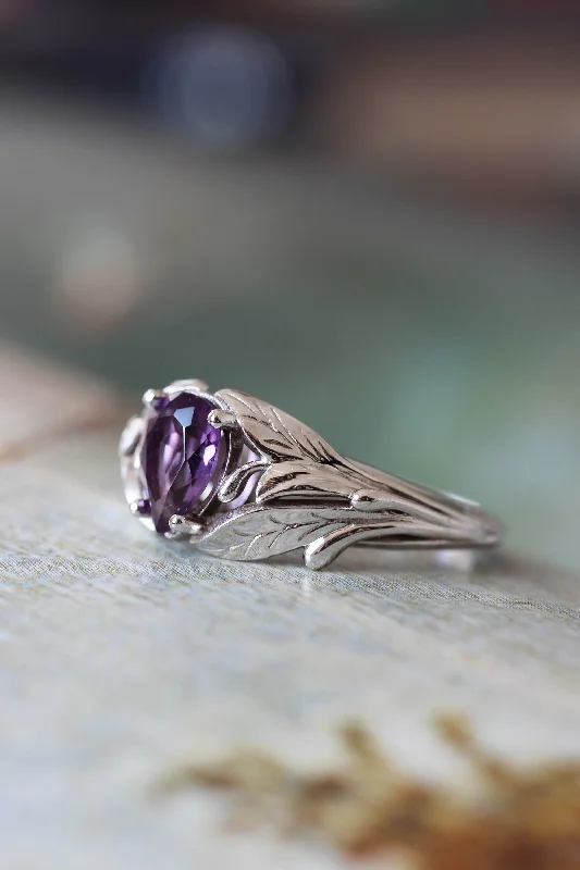 Women's cross rings-Amethyst engagement ring, leaf ring / Wisteria