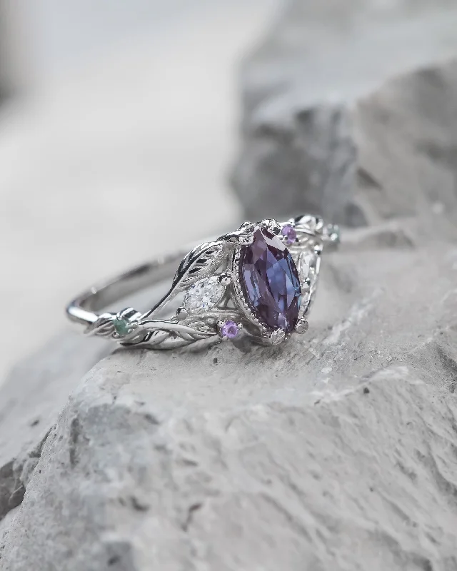 Women's rose gold rings-READY TO SHIP: Patricia ring in 14K white gold, marquise-cut alexandrite 8x4 mm, accent amethysts, alexandrites and diamonds, AVAILABLE RING SIZES: 5.5 - 8.5 US