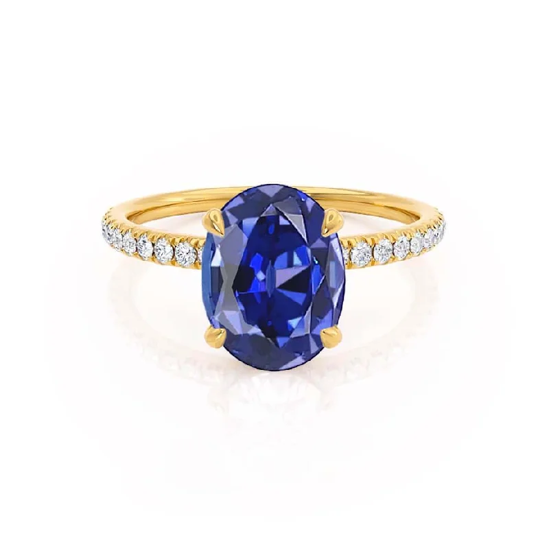 Women's Valentine's Day rings-LIVELY - Chatham® Oval Blue Sapphire 18k Yellow Gold Petite Hidden Halo Pavé Shoulder Set Ring