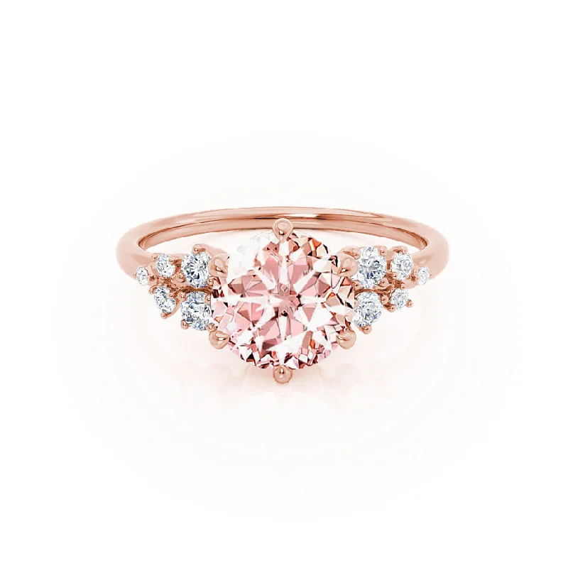 Affordable women's rings-ALYA - Chatham® Round Champagne True Sapphire Starburst Cluster Shoulder Set Engagement Ring 18k Rose Gold