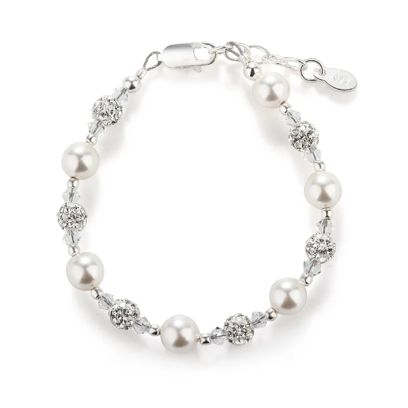 Luxury women's bangles-Sterling Silver White Simulated Pearl and Stardust Flower Girl Bracelet