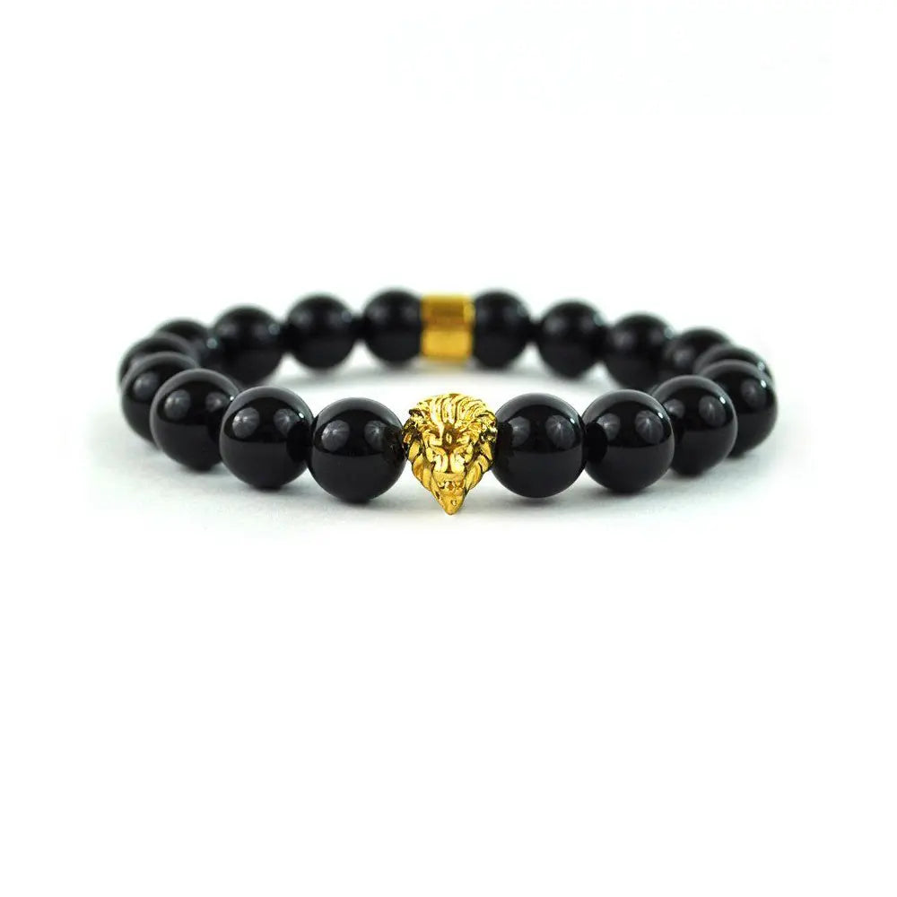 Women's leather bangles-Glossy Black Lion Head Beaded Bracelet