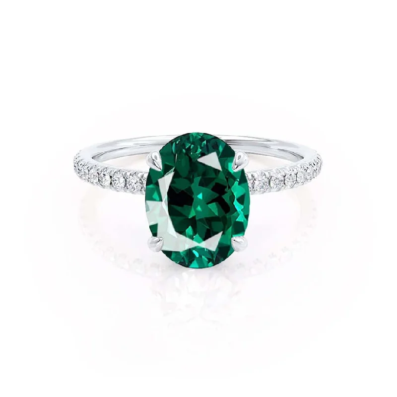 Women's unique rings-LIVELY - Chatham® Oval Emerald 18k White Gold Petite Hidden Halo Pavé Shoulder Set Ring