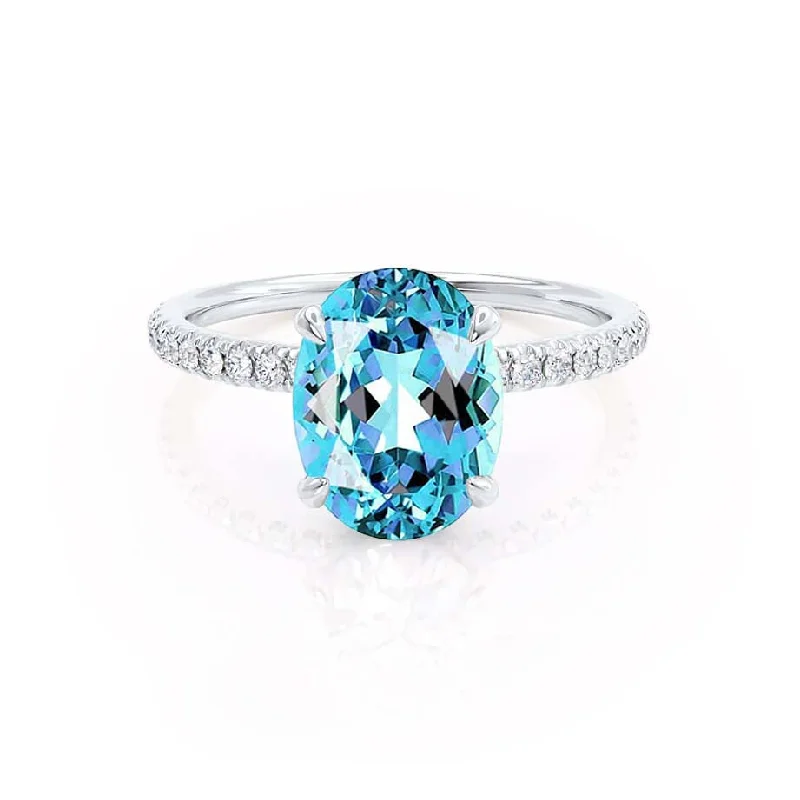 Women's art deco rings-LIVELY - Chatham® Oval Aqua Spinel 950 Platinum Petite Hidden Halo Pavé Shoulder Set Ring