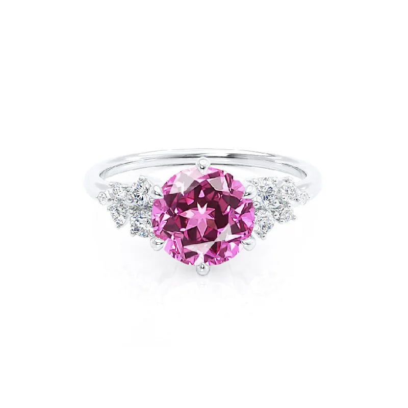 Women's stackable rings-ALYA - Chatham® Round Pink Sapphire Starburst Cluster Shoulder Set Engagement Ring 18k White Gold