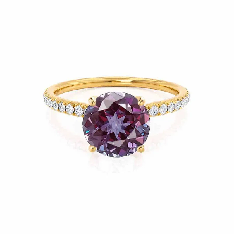 Women's photo rings-MACY - Chatham® Round Alexandrite 18k Yellow Gold Petite Pavé Shoulder Set Ring