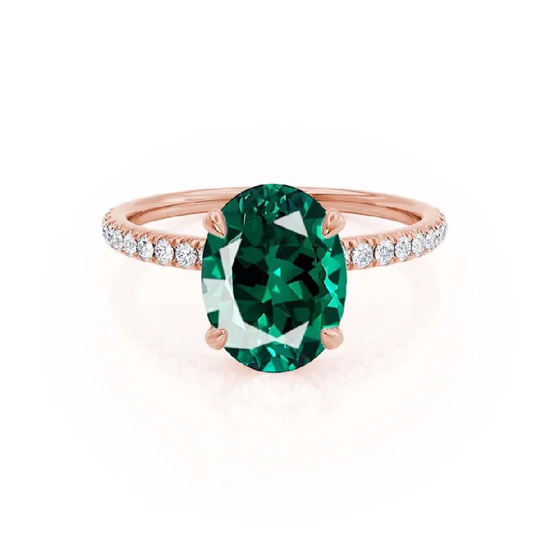 Women's fashion rings-LIVELY - Chatham® Oval Emerald 18k Rose Gold Petite Hidden Halo Pavé Shoulder Set Ring