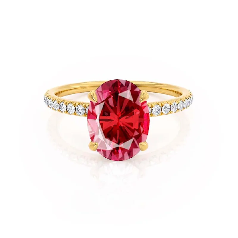 Women's healing crystal rings-LIVELY - Chatham® Oval Ruby 18k Yellow Gold Petite Hidden Halo Pavé Shoulder Set Ring