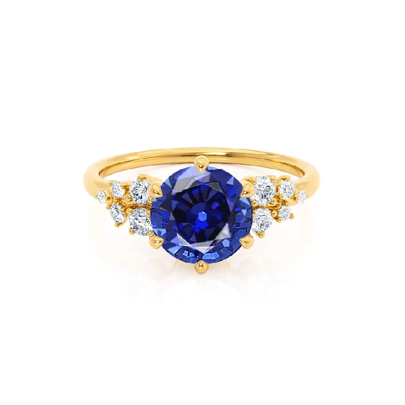 Women's platinum rings-ALYA - Chatham® Round Blue Sapphire Starburst Cluster Shoulder Set Engagement Ring 18k Yellow Gold