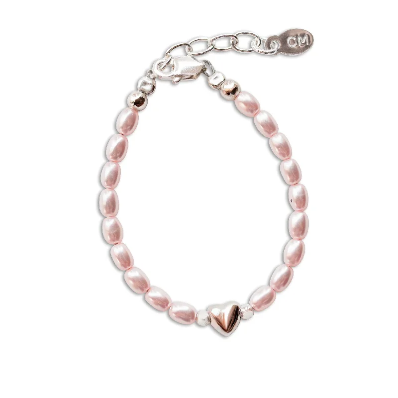 Women's everyday bangles-Sterling Silver Pink Simulated Rice Pearl Baby Bracelet for Kids with Heart Bead