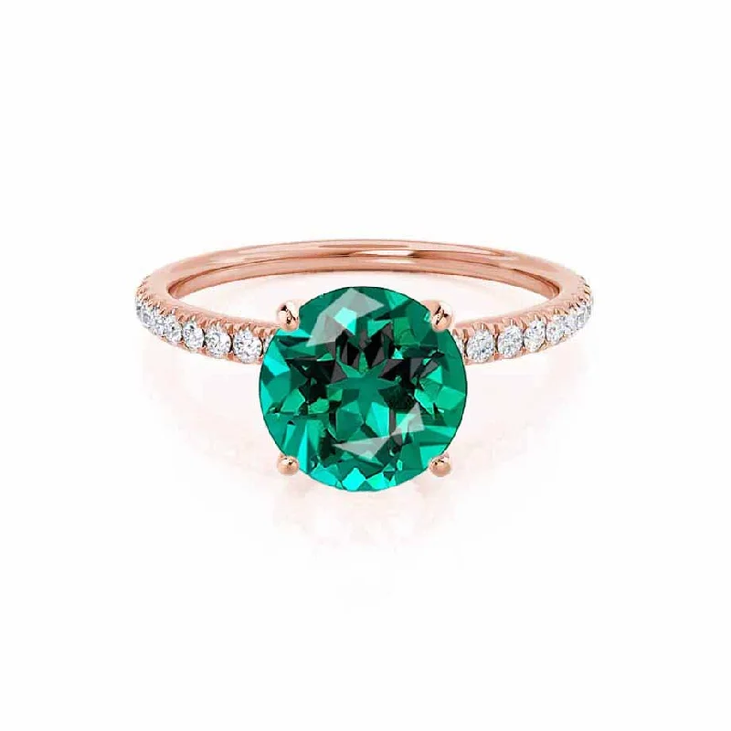 Women's family rings-MACY - Chatham® Round Emerald 18k Rose Gold Petite Pavé Shoulder Set Ring