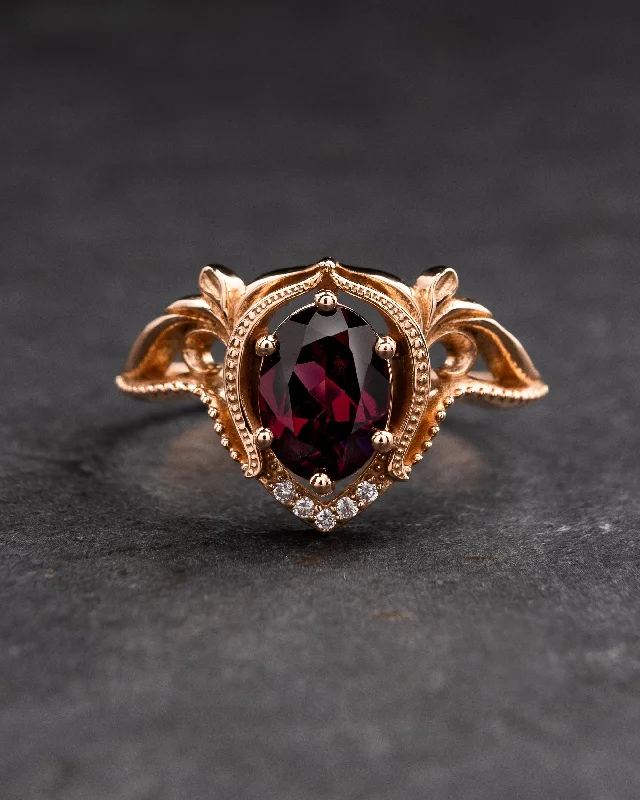 Women's gold rings-Rhodolite garnet and diamonds engagement ring / Lida oval