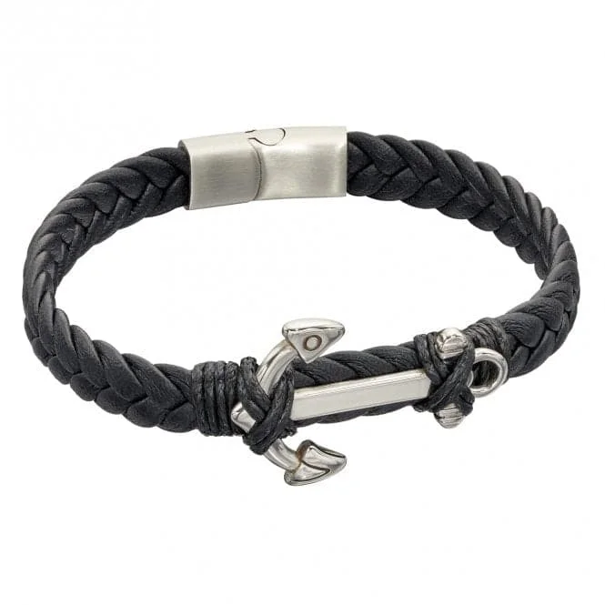 Women's family bangles-Black Leather Anchor Plated Wristwear Bracelet B5323