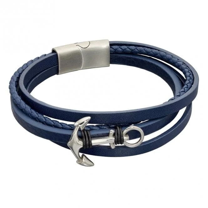 Women's wedding bangles-Navy Leather Anchor Plated Wristwear Bracelet B5319