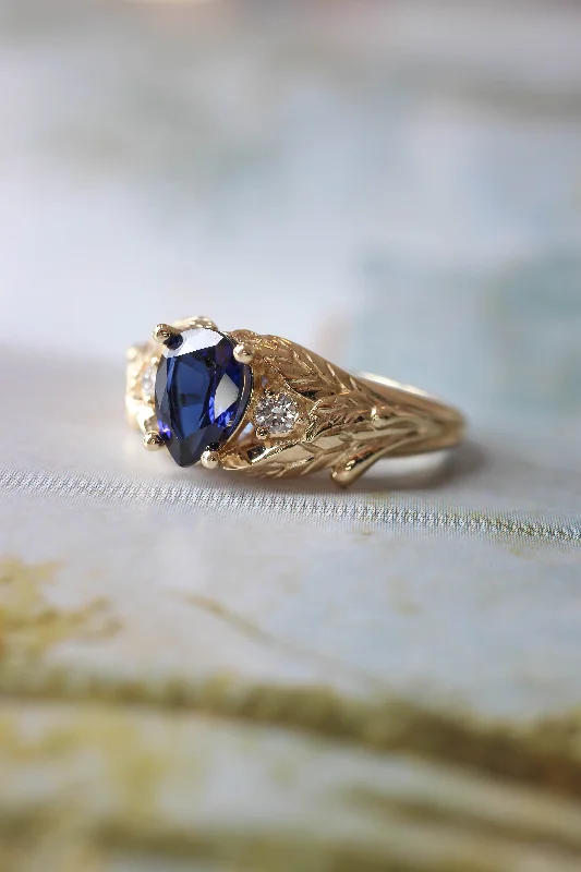 Women's Christmas rings-Lab sapphire and natural diamonds ring / Wisteria