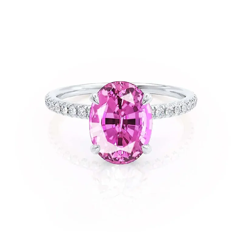 Women's beaded rings-LIVELY - Chatham® Oval Pink Sapphire 950 Platinum Petite Hidden Halo Pavé Shoulder Set Ring