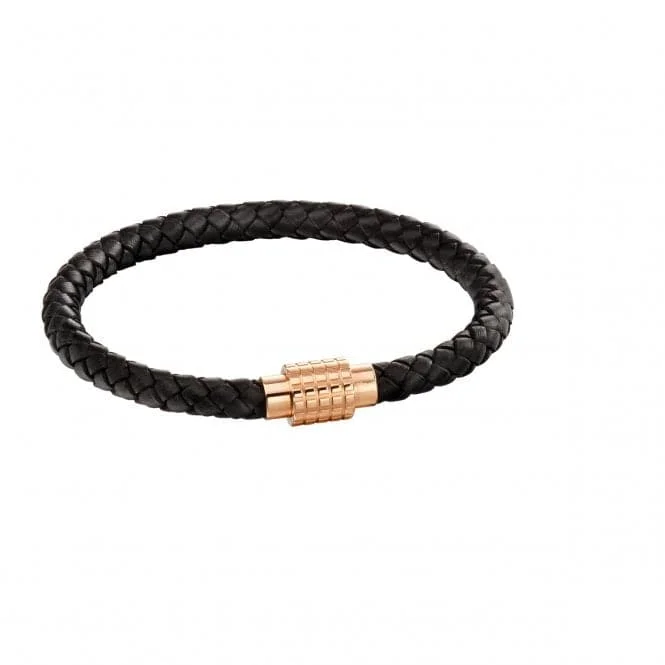 Women's tennis bracelets-Fred Bennett Hexagon Ridge Clasp Rose Black Leather Plait Bracelet B5131