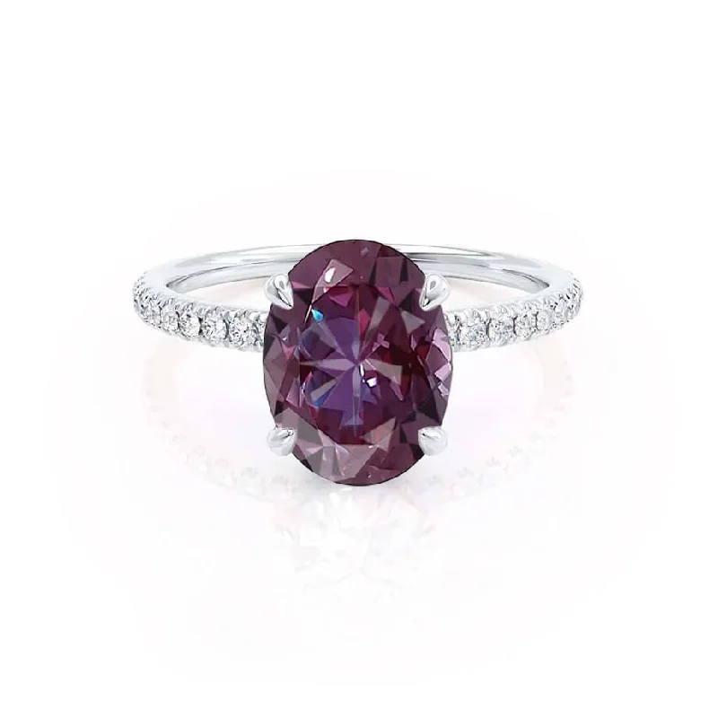 Women's celestial rings-LIVELY - Chatham® Oval Alexandrite 950 Platinum Petite Hidden Halo Pavé Shoulder Set Ring