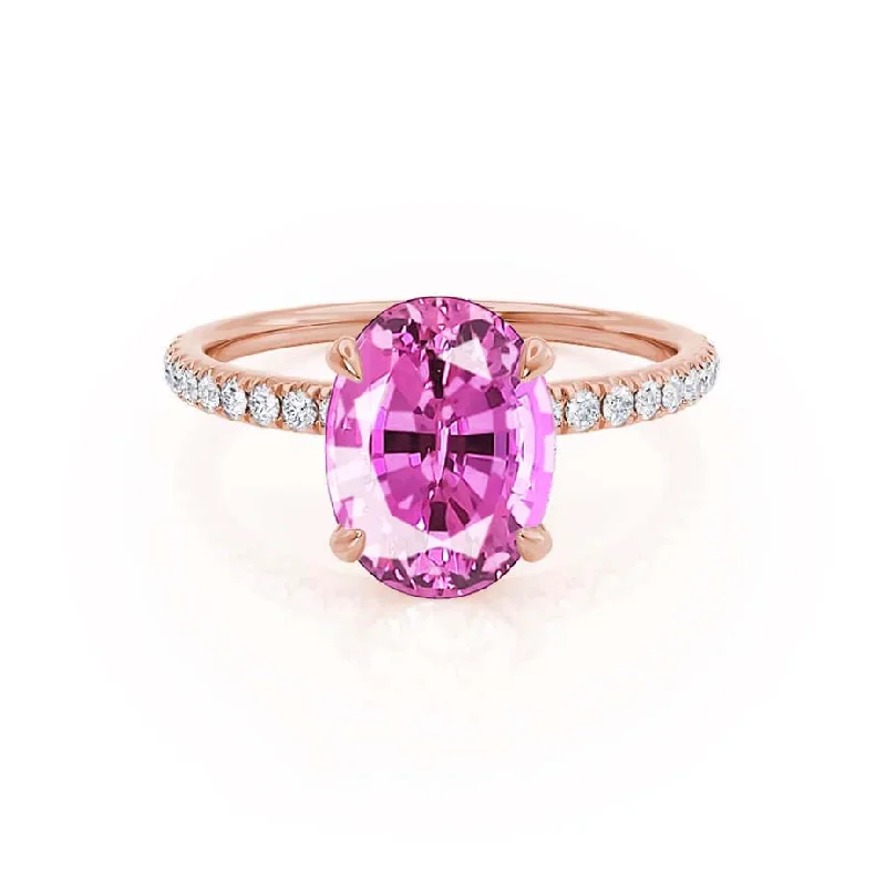 Women's Buddha rings-LIVELY - Chatham® Oval Pink Sapphire 18k Rose Gold Petite Hidden Halo Pavé Shoulder Set Ring