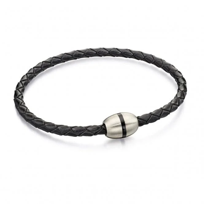 Women's beaded bracelets-Fred Bennett Stainless Steel Black Leather Thin Bracelet B4915