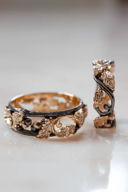 Women's unique rings-Wedding bands set, oak leaves rings, black and gold