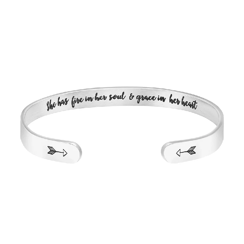 Women's heirloom bangles-She Has Fire in Her Soul and Grace in Her Heart Hidden Message Cuff Bracelet